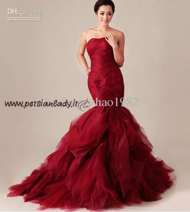 strapless-ruffled-red-mermaid-wedding-dresses