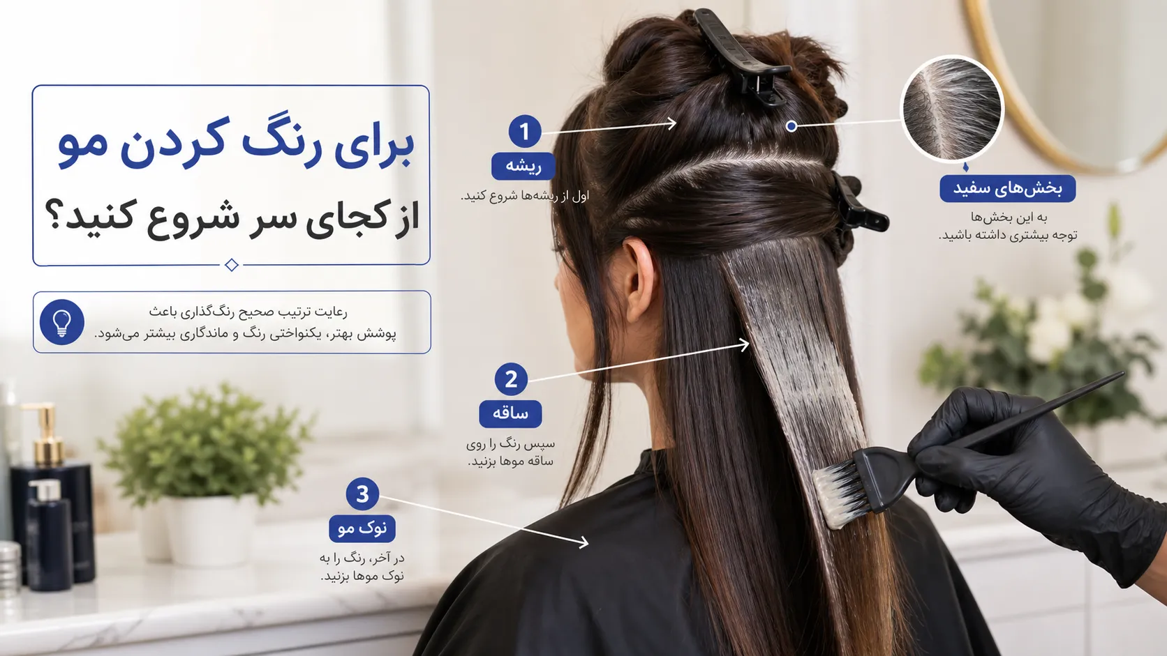 آموزش کامل رنگ کردن مو در خانه | مدت زمان نگه داشتن رنگ مو، انتخاب اکسیدان و نکات حرفهای آموزش مرحلهبهمرحله رنگ کردن مو در خانه برای مبتدیان؛ از آمادهسازی مو و ترکیب رنگ تا آبکشی درست و پوشش موی سفید.