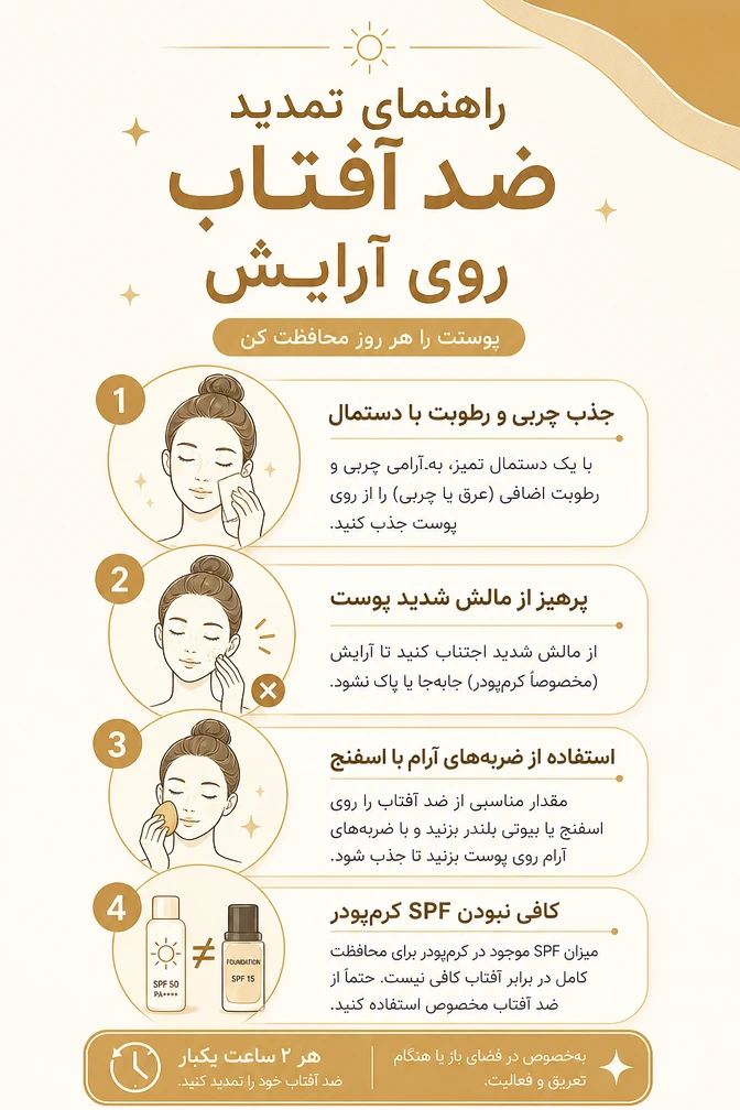 اینفوگرافی چند نکته برای تمدید ضد آفتاب بر روی آرایش