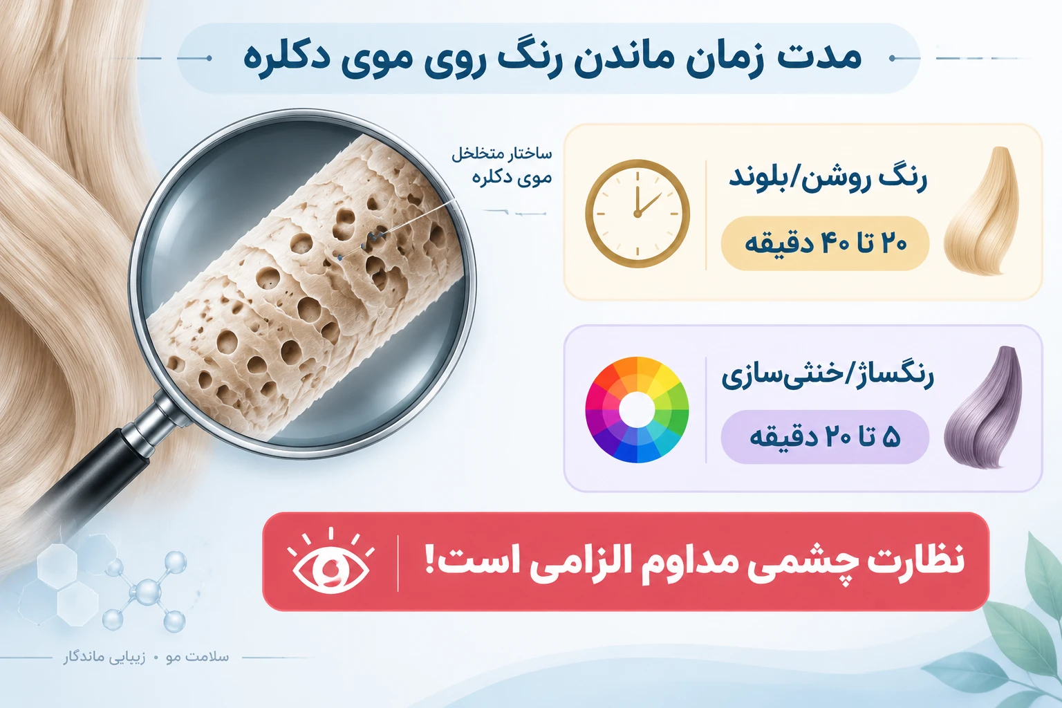 توقف! قبل از اینکه موهای دکلره شدهتان را نابود کنید، این زمانبندی را بخوانید مدت زمان ماندن رنگ روشن روی موی دکلره شده