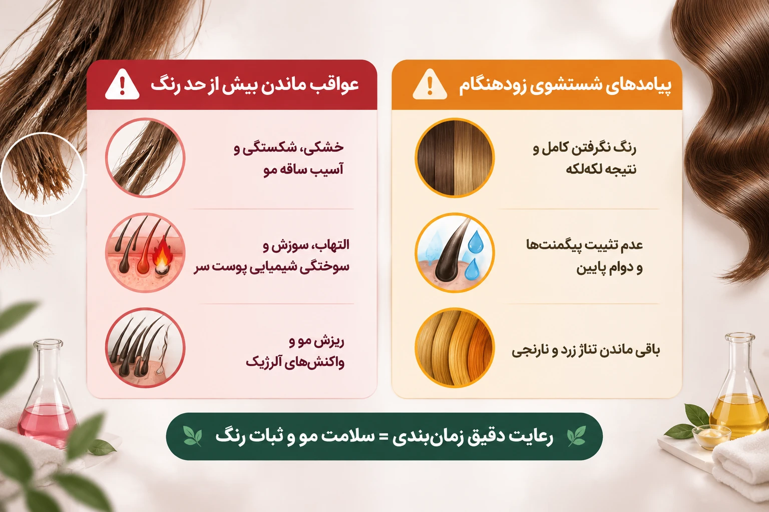 توقف! قبل از اینکه موهای دکلره شدهتان را نابود کنید، این زمانبندی را بخوانید پیامدهای ماندن بیش از حد رنگ مو روی سر